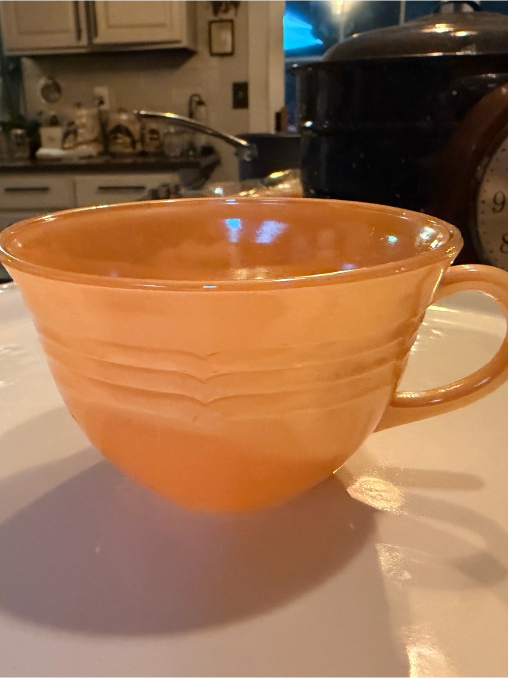 Fire King Peach Lustre coffee/teacup in 3 Bands pattern